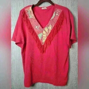 Vintage Women's Cactus Red fringe and rhinestone embleshed cotton shirt.